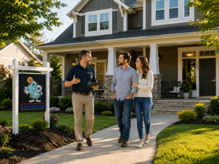 Home buyers speaking with a My City Home Inspector outside a residential property